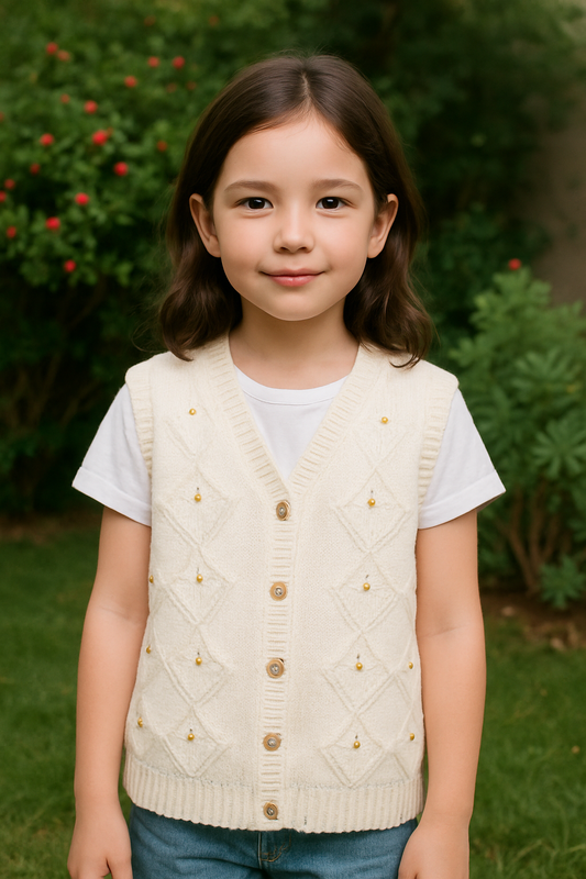 Hand-Knitted White Woolen Baby Vest with Pearl Detailing
