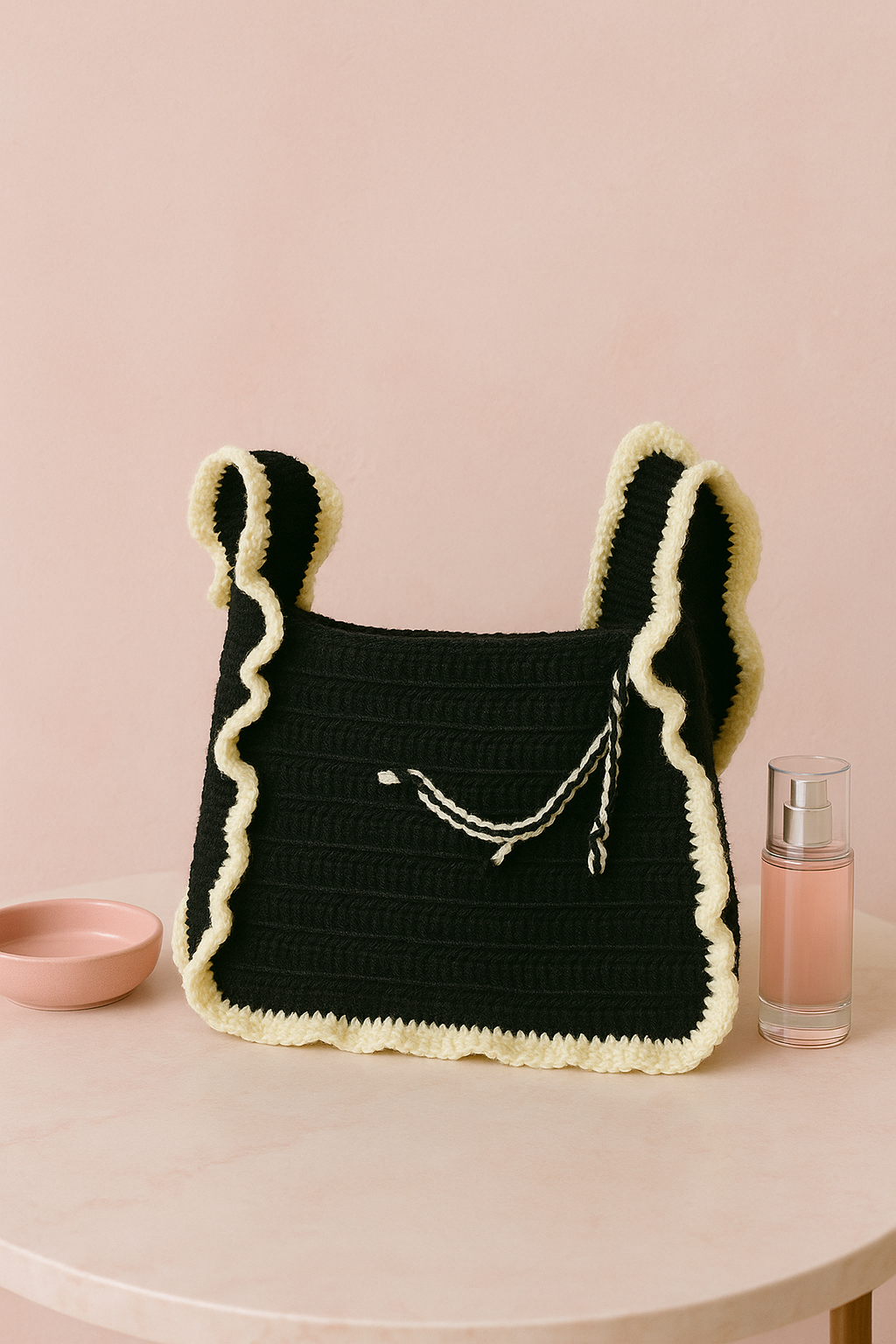 Handcrafted Black Crochet Shoulder Bag with Ruffle Trim