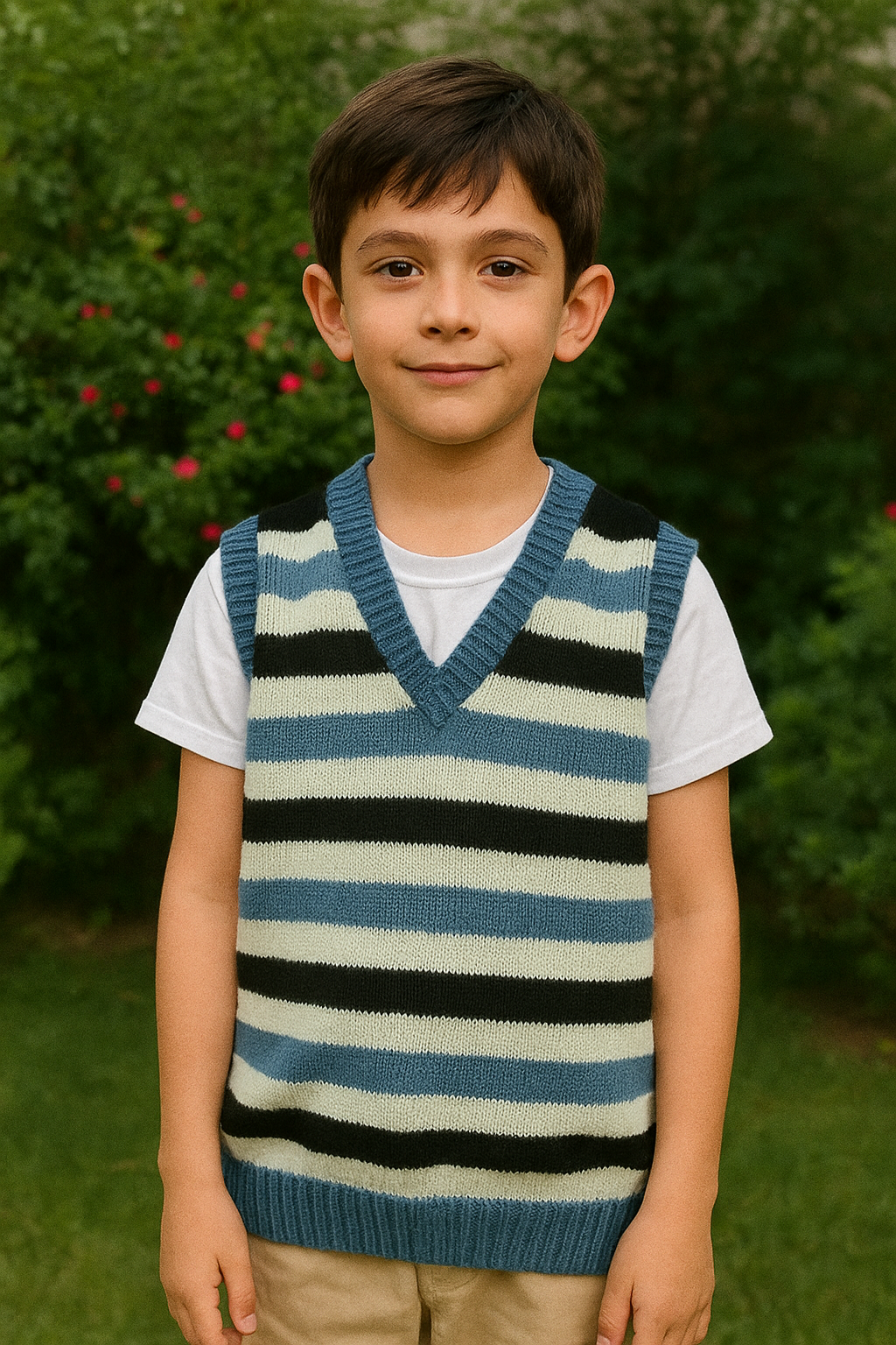 Handmade Striped Knitted Sweater Vest – Blue, Black & Cream