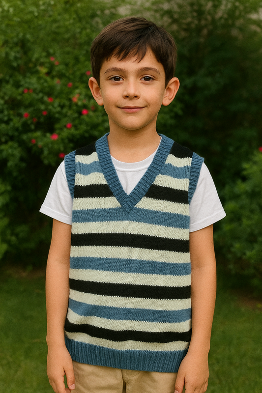 Handmade Striped Knitted Sweater Vest – Blue, Black & Cream