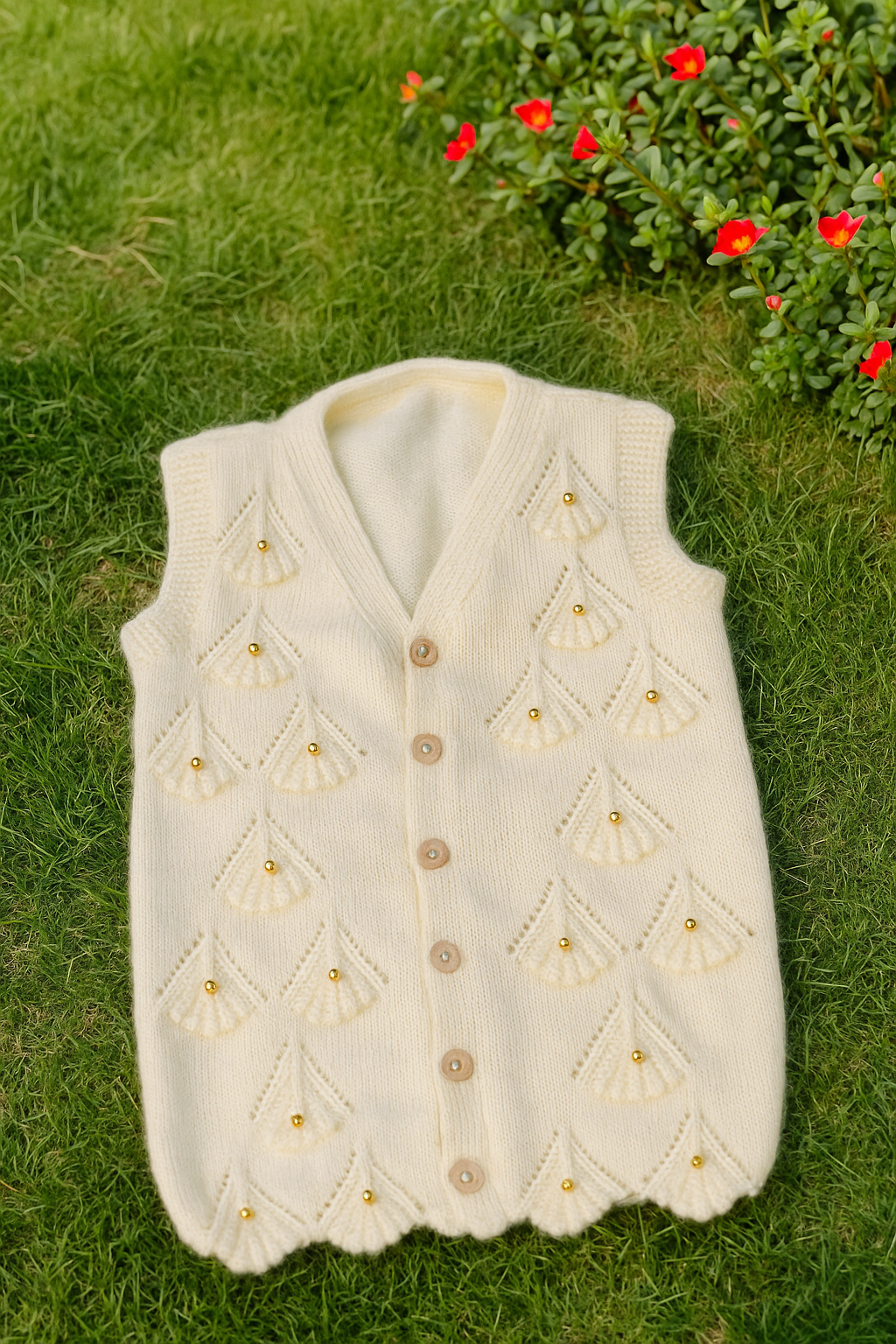 Hand-Knitted White Woolen Baby Vest with Pearl Detailing
