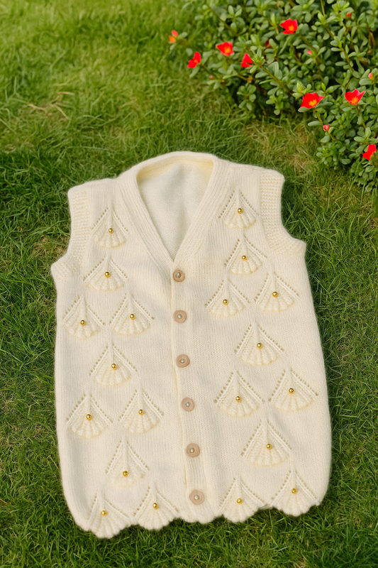 Hand-Knitted White Woolen Baby Vest with Pearl Detailing