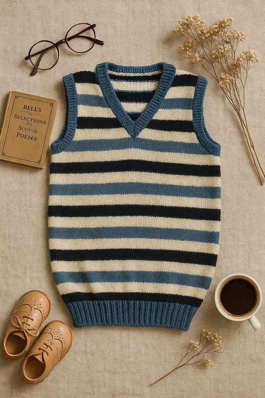 Handmade Striped Knitted Sweater Vest – Blue, Black & Cream