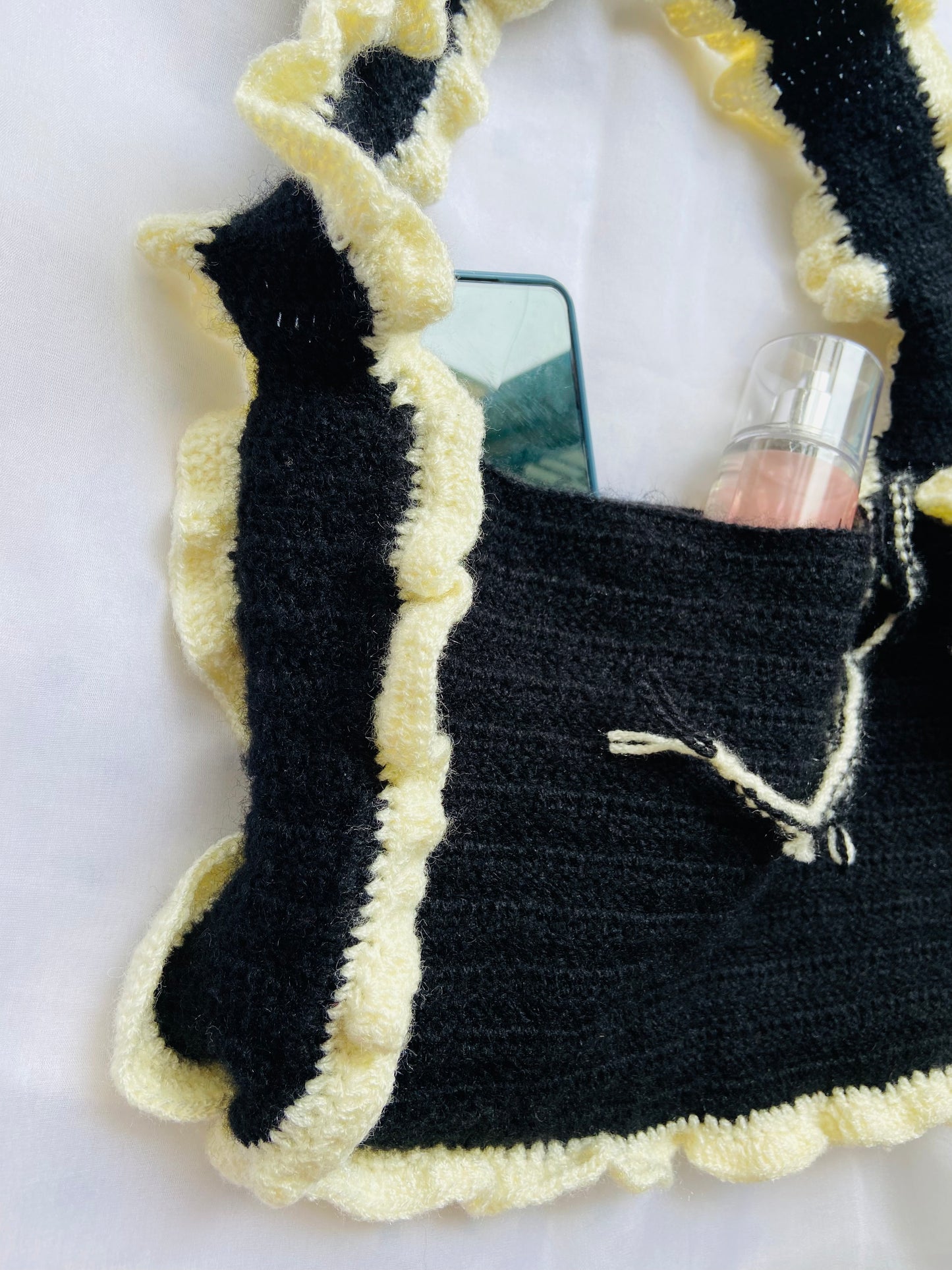 Handcrafted Black Crochet Shoulder Bag with Ruffle Trim