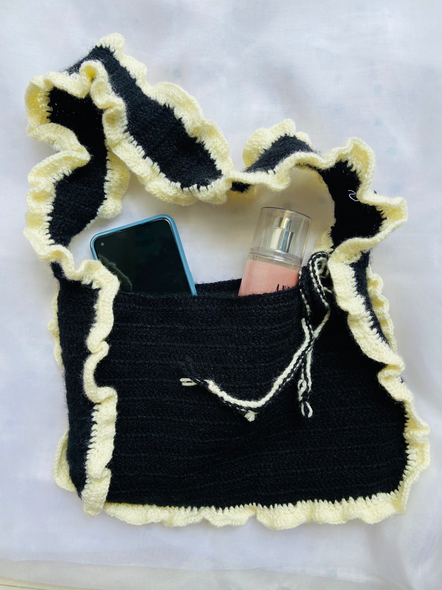 Handcrafted Black Crochet Shoulder Bag with Ruffle Trim