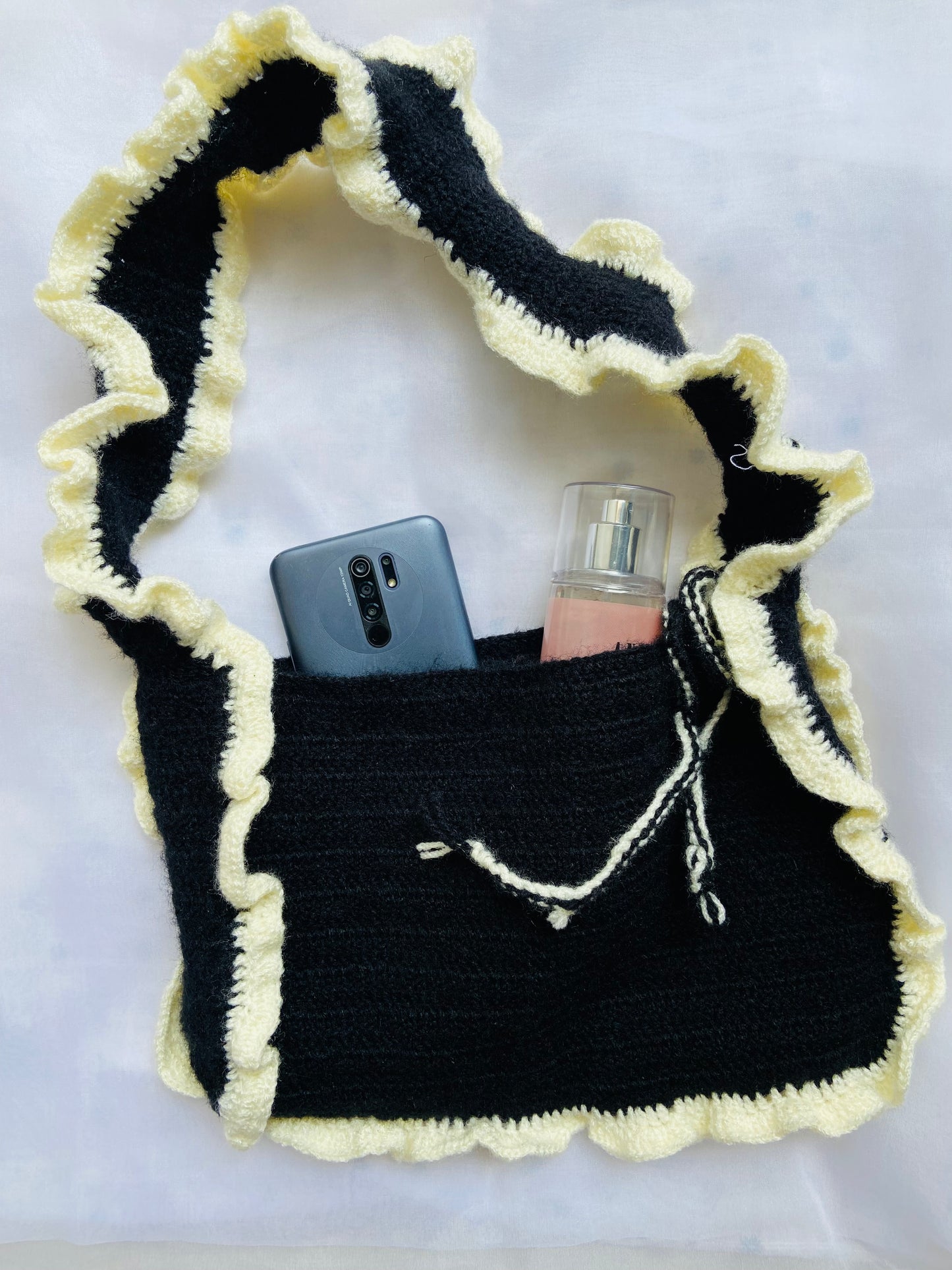 Handcrafted Black Crochet Shoulder Bag with Ruffle Trim
