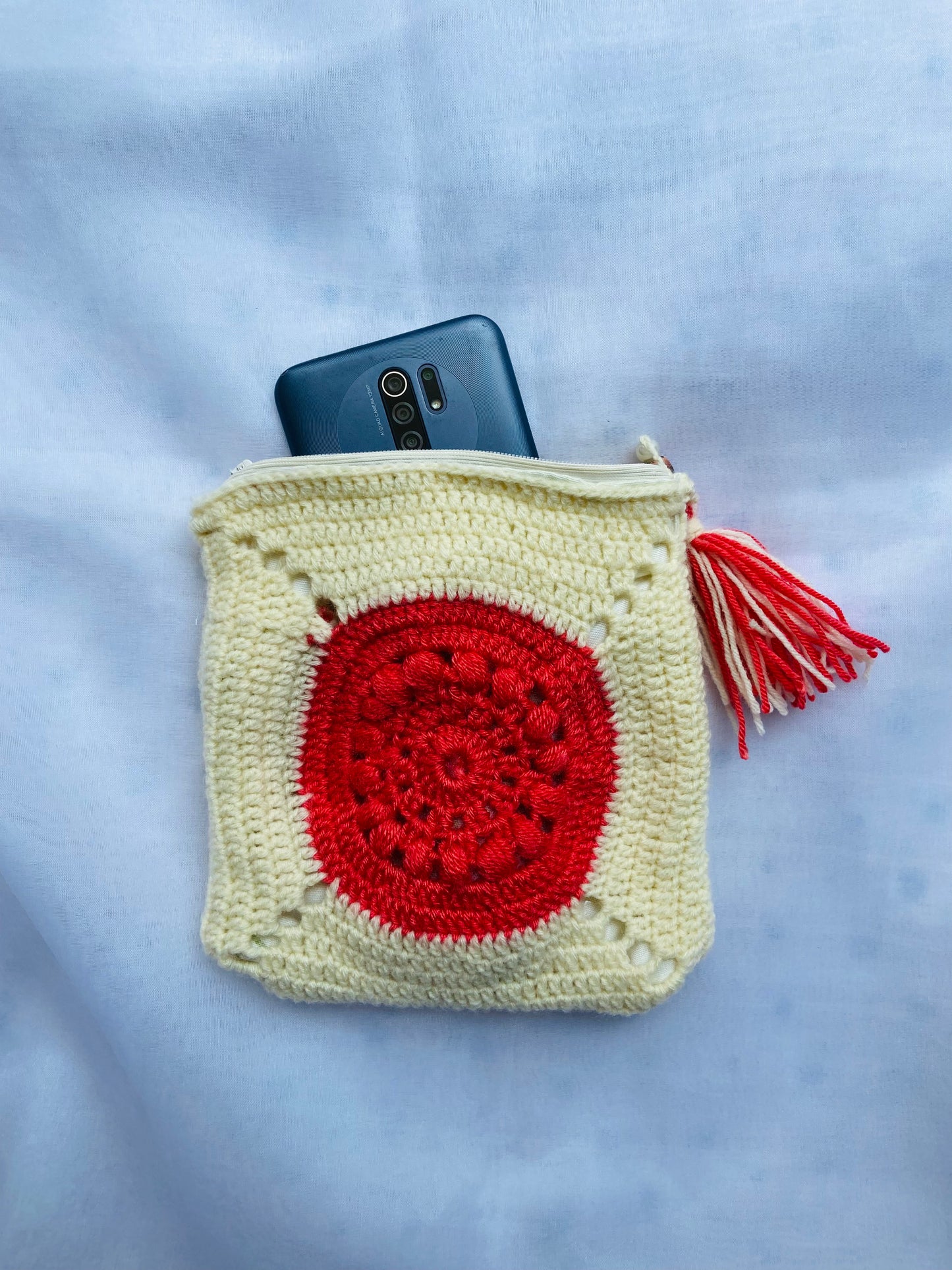 Handmade Crochet Zipper Pouch – Cream & Red Boho Charm