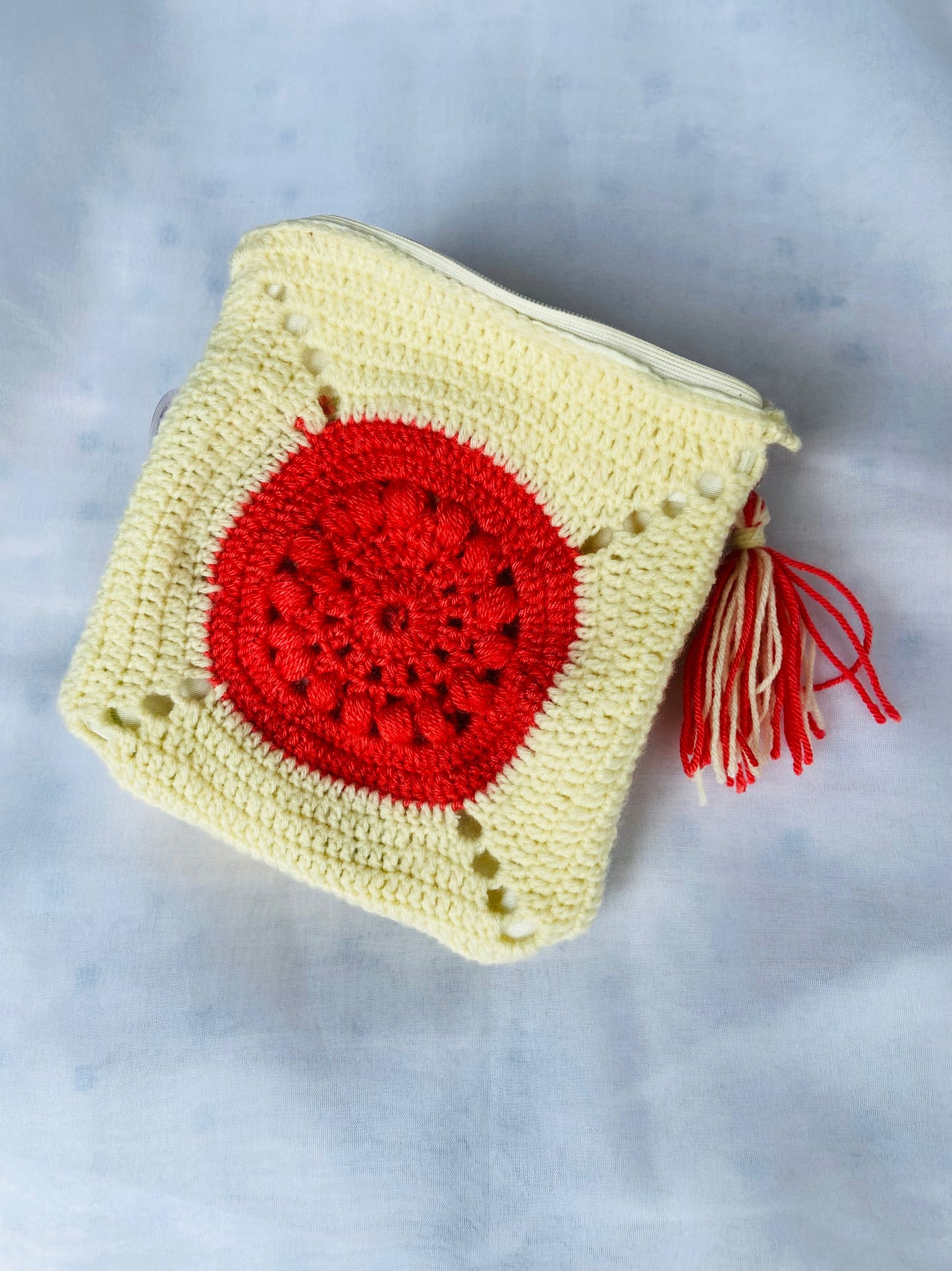 Handmade Crochet Zipper Pouch – Cream & Red Boho Charm