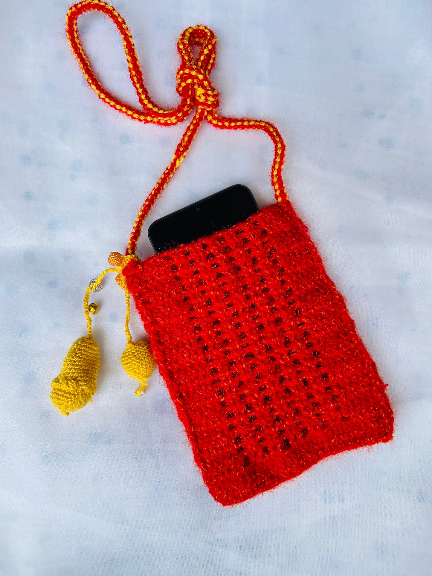 Red & Yellow Beaded Crochet Phone Sling Bag