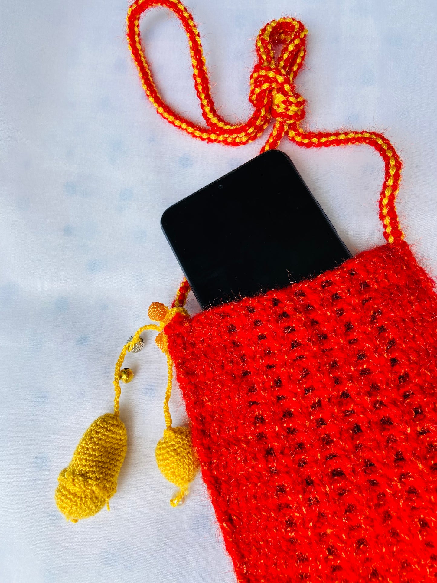 Red & Yellow Beaded Crochet Phone Sling Bag