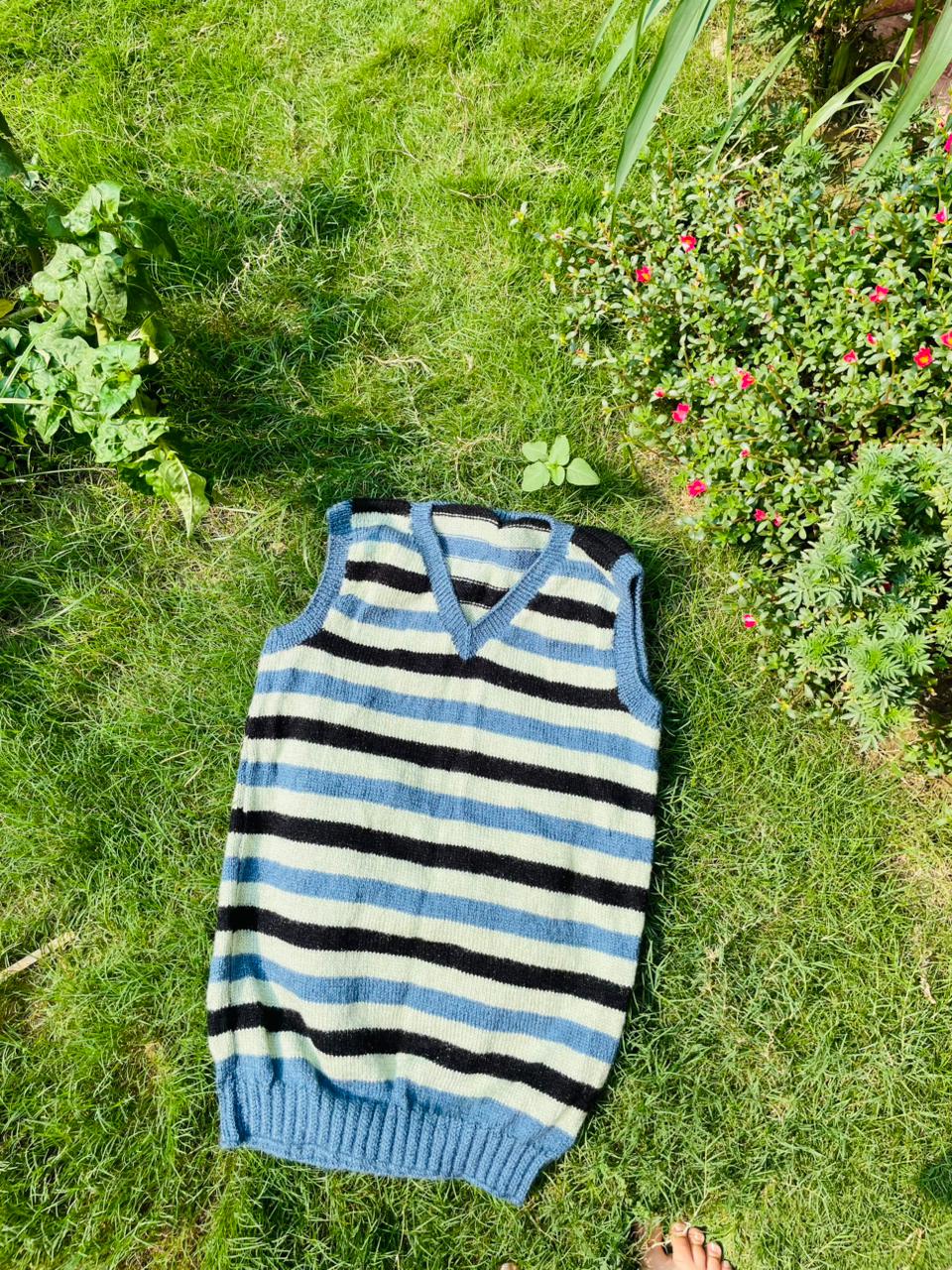 Handmade Striped Knitted Sweater Vest – Blue, Black & Cream
