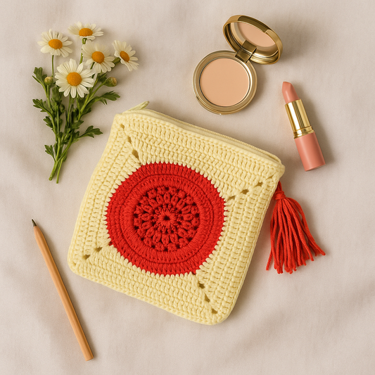 Handmade Crochet Zipper Pouch – Cream & Red Boho Charm
