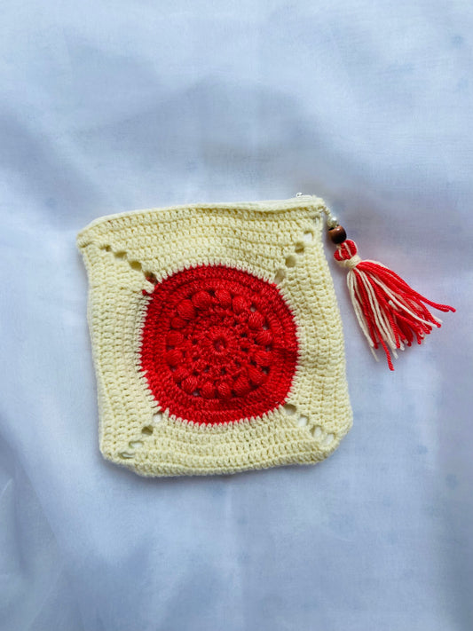 Handmade Crochet Zipper Pouch – Cream & Red Boho Charm